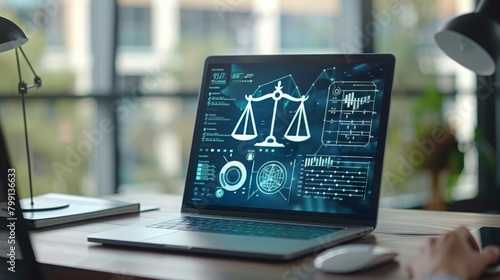 An advanced holographic display of legal symbols and data analytics on a laptop screen, illustrating futuristic legal technology.