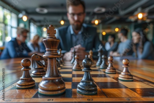 A chess game set on a wooden table in a cafe, capturing the concentration and calm atmosphere of the players.