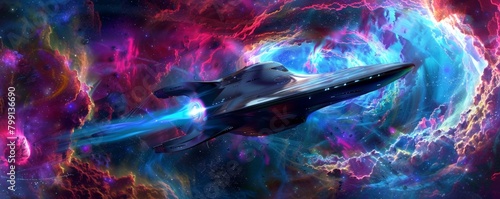 A swirling nebula of vibrant colors serves as a backdrop for a sleek, chrome spaceship design