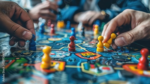 Players intensely focused on a strategic board game  contemplating their next move with colorful pieces.