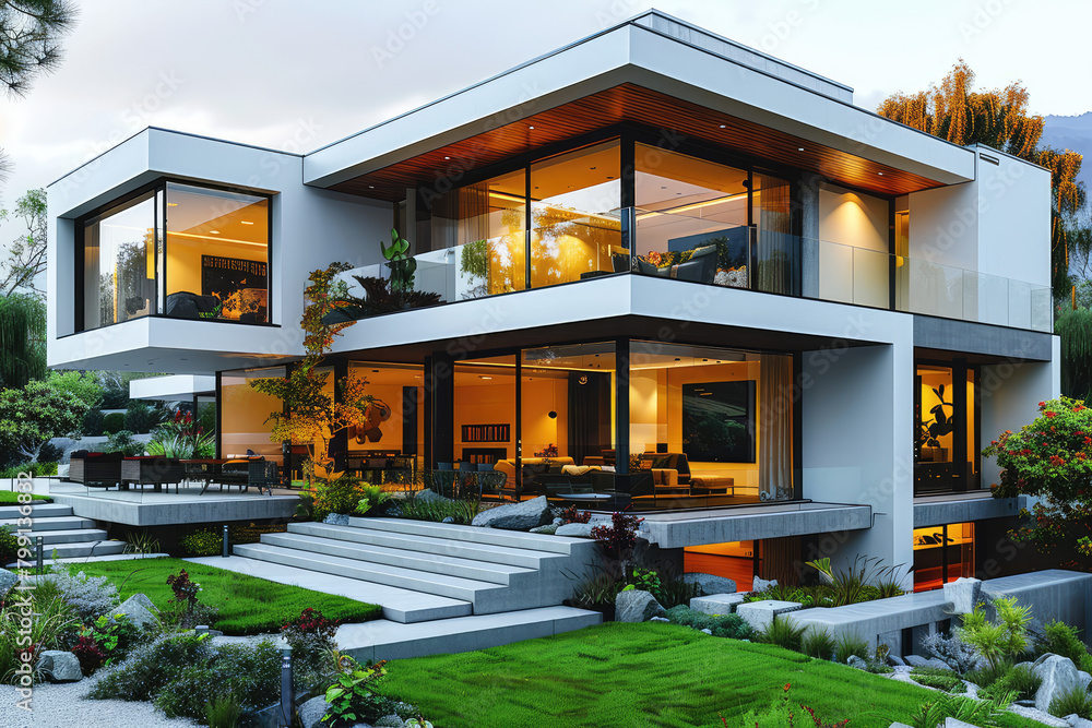 Modern house with glass windows and white walls, a green lawn in front of the building. It has a modern architectural style with a symmetrical composition. Created with Ai