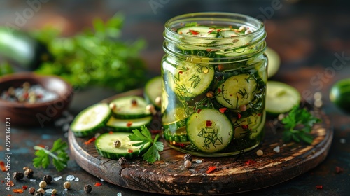 Jar with canned cucumbers and spices on a wooden board after cooking