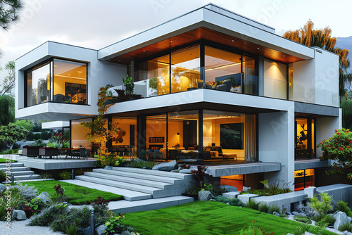 Modern house with glass windows and white walls, a green lawn in front of the building. It has a modern architectural style with a symmetrical composition. Created with Ai © Madiha