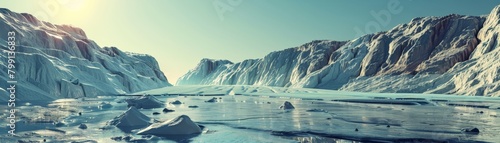 A symbolic image of a melting glacier casting a long shadow over a pristine mountain landscape 