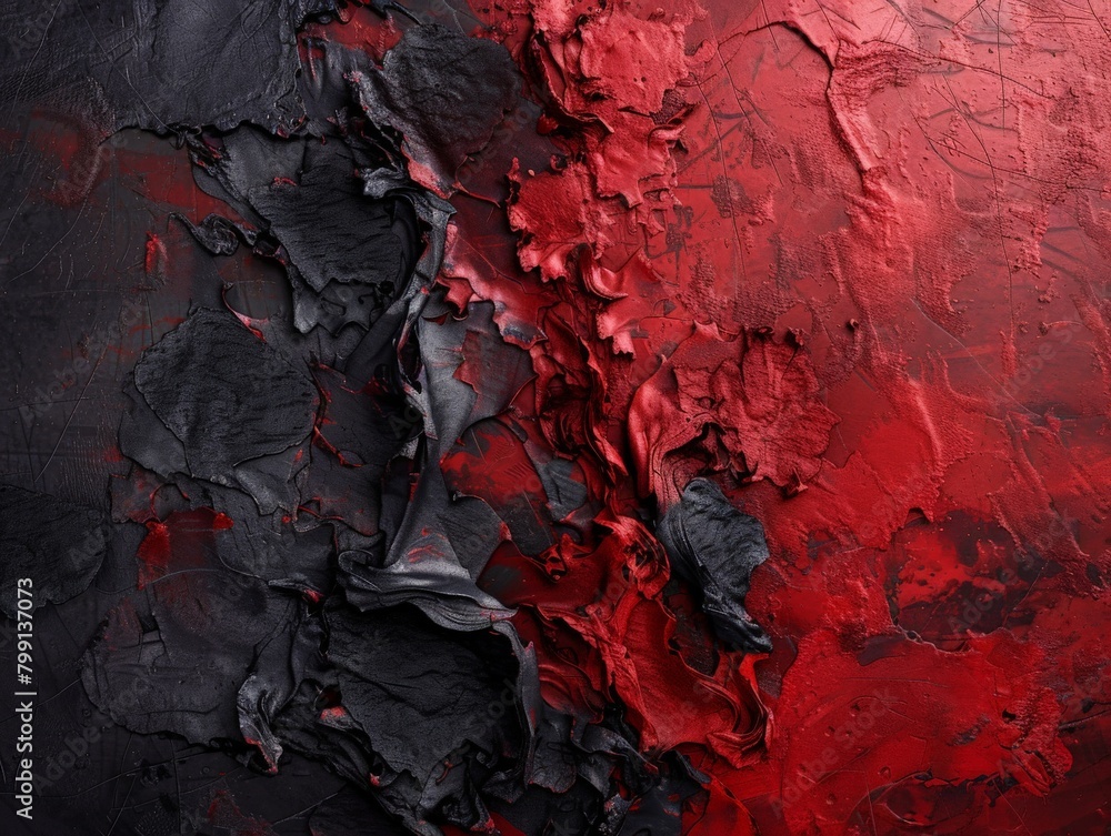A textural abstract artwork with a rough, impasto surface painted in shades of crimson and charcoal, creating a sense of depth and drama  