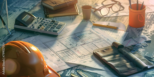 Close-up of a construction estimator's desk with project blueprints and cost estimates, showcasing a job in construction estimation photo