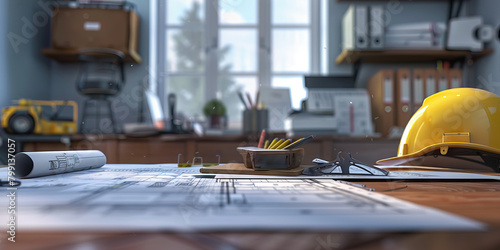 Close-up of a construction estimator's desk with project blueprints and cost estimates, showcasing a job in construction estimation photo