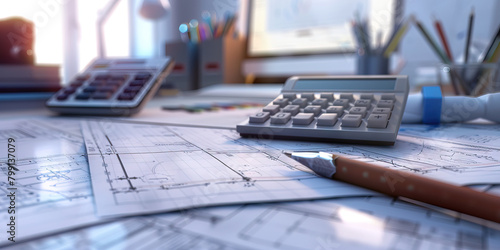 Close-up of a construction estimator's desk with project blueprints and cost estimates, showcasing a job in construction estimation photo
