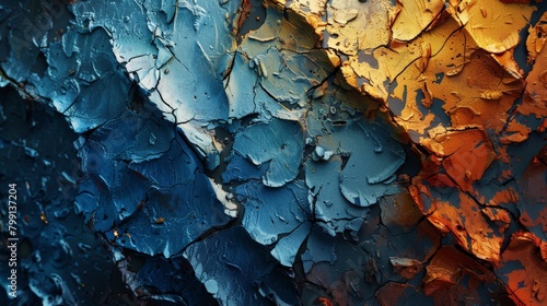 A textural abstract composition with a rough, impasto surface painted in shades of cobalt blue and burnt sienna, creating a sense of depth and movement   photo