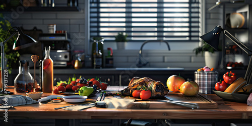 Close-up of a food stylist's desk with culinary props and food photography equipment, representing a job in food styling photo