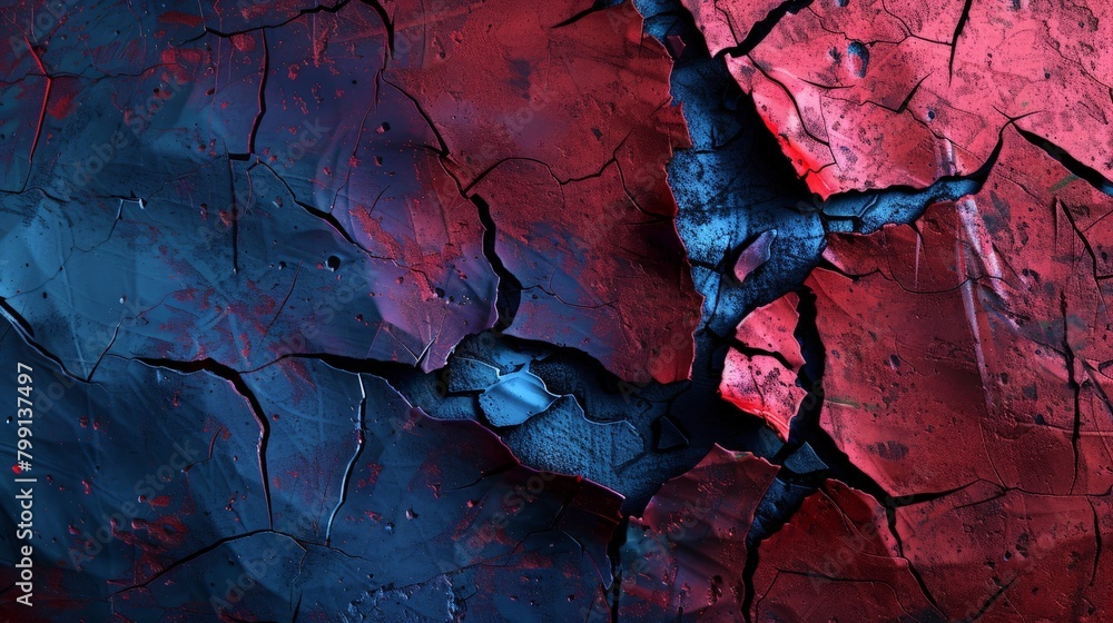 Fototapeta premium A textured abstract composition with a cracked and weathered surface painted in shades of cobalt blue and crimson, creating a sense of age and decay 