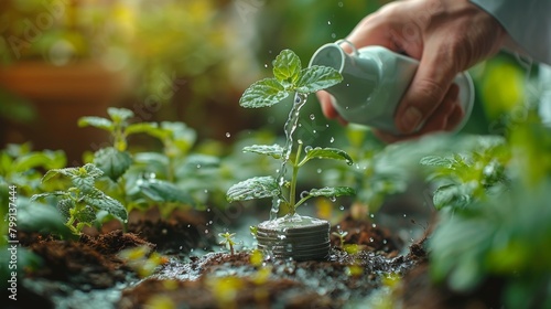 Money plant growing from a stack of dollar coins, growth of wealth profit or earnings, savings or wealth management, pension fund concept, businessman investor watering dollar coin stacks.