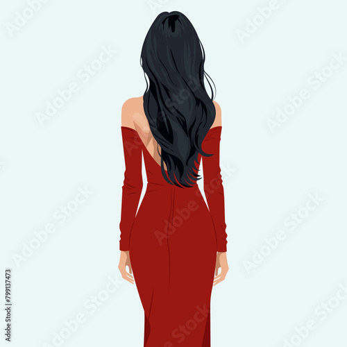 Vector flat fashion illustration of a beautiful sexy young woman in an elegant red dress with bare back and shoulders. Back view.
