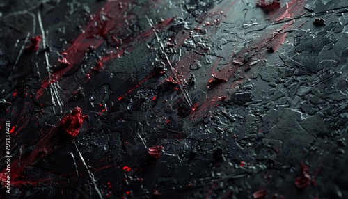 A textured abstract composition with a scratched and scraped black surface, overlaid with splatters of crimson paint   photo