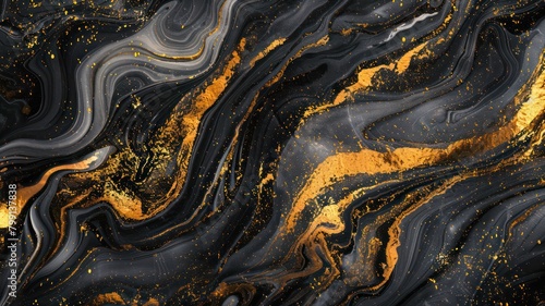 Black and golden marble texture. Abstract fluid art painting background.