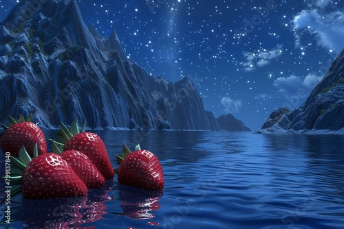 2D surrealistic view where strawberries float above a calm sea, with towering mountains under a starry sky, dreamlike quality