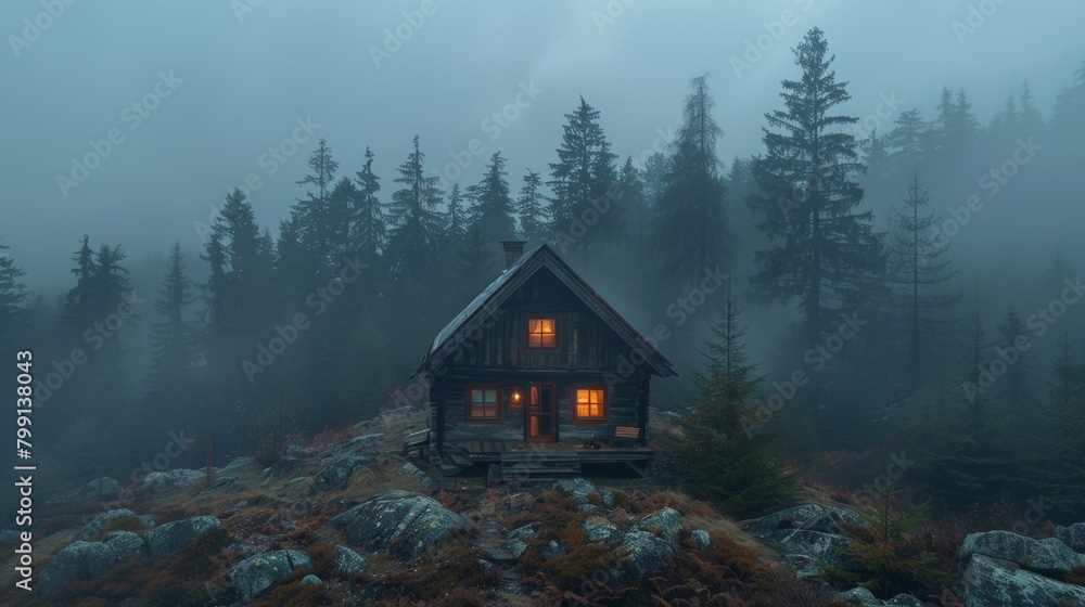 Tranquil Solitude: Moody Evening Shot of Off-Grid Cabin in Woods with Solar Panel