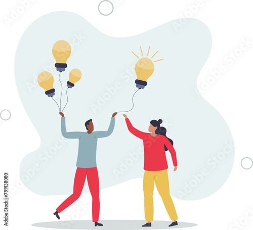smart businessman giving lightbulb idea to young employee.flat vector illustration.