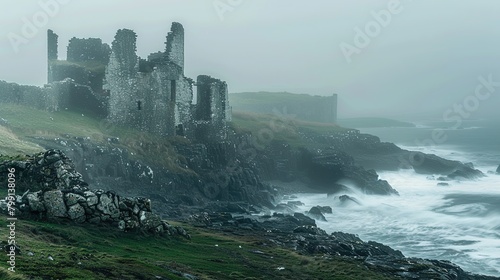 Stone castle ruins on ocean shore with crashing waves, early morning dawn golden light, overcast, foggy, copyspace, Celtic, Ireland photo