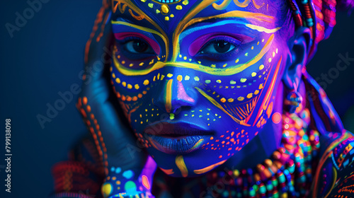 Portrait of woman with ethnic pattern neon makeup, generative ai