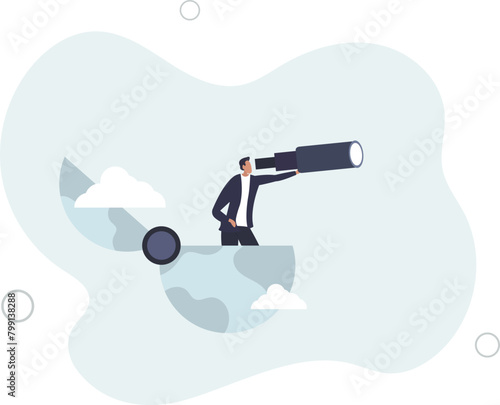smart businessman open globe using binoculars looking for future vision.flat vector illustration.