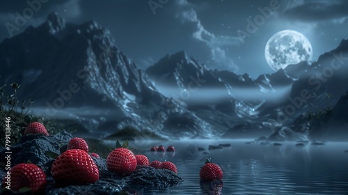 A mystical scene where strawberries float around the peaks of mistcovered 3D mountains, glowing softly in the moonlight