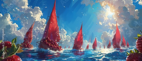 A playful 2D seascape where strawberries replace traditional sailboats, racing under a bright, sunny sky photo