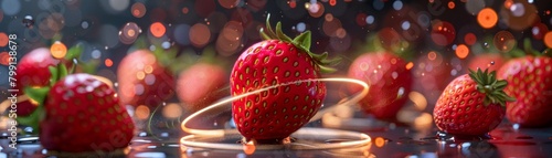 A whimsical scene where strawberries are planets surrounded by orbiting 3D light rings, perfect for imaginative space themes
