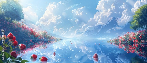 Abstract concept art featuring a mirrorlike lake reflecting clouds and strawberries floating gently, dreamlike and calming