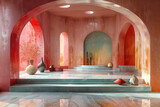 Surreal interior design of a spa with terracotta walls, pastel green and pink colors, natural stone floors, arched doorways leading to water basins filled with vibrant colors. Created with Ai