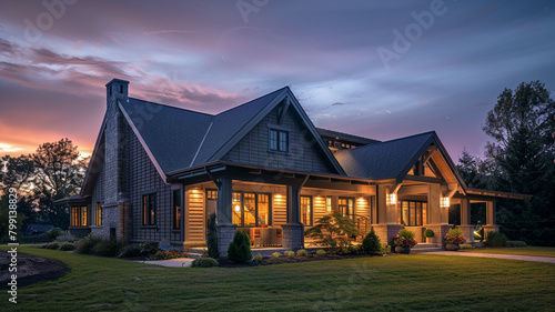 Pre-dawn angle of a warm taupe craftsman cottage with a rustic gambrel roof, the first hint of morning light beginning to reveal the home photo