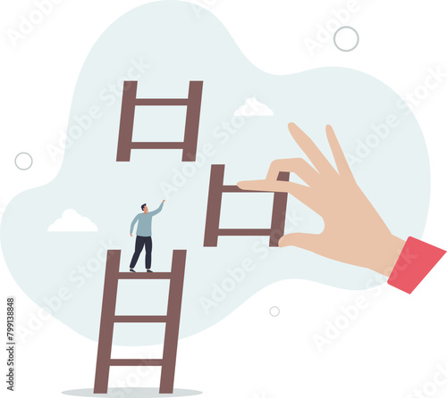 businessman climbing up to top of broken ladder with huge helping hand to connect to reach higher.flat vector illustration.