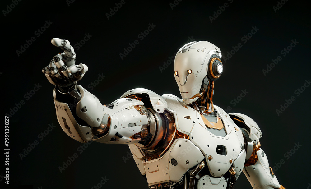 Charismatic humanoid robot, white standing and pointing with finger to the side on a dark background Charismatic humanoid robot, white standing and pointing with finger to the side on a dark background