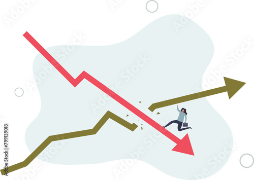fearful businesswoman riding fall down economic graph with inflation high up.flat vector illustration.