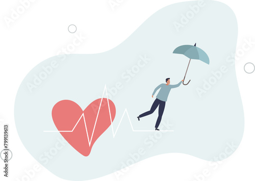 strong man with umbrella protection walk on risky heart pulse rate as rope walking.flat vector illustration.