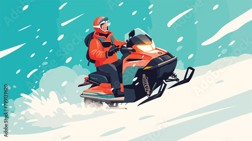 Riding snowmobile. Happy character driving snow mob