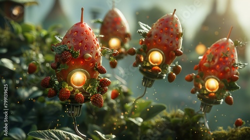 Fantasy scene of magical strawberry rockets carrying fairies, whimsical and enchanting photo