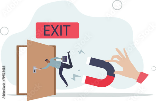 boss holding magnet to pull back resigned or leaving employee.flat vector illustration.