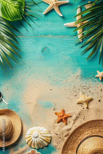 summer time holiday background, tropical beach island happy day bright sunshine, tropical fruits. Creative minimal summer idea