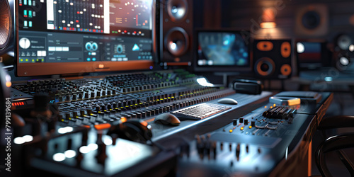 Close-up of a sound designer's desk with audio mixing software and sound effects libraries, illustrating a job in sound design