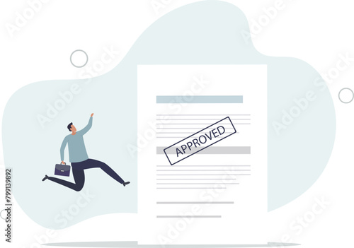 happy businessman with document paperwork with approved stamp.flat vector illustration.