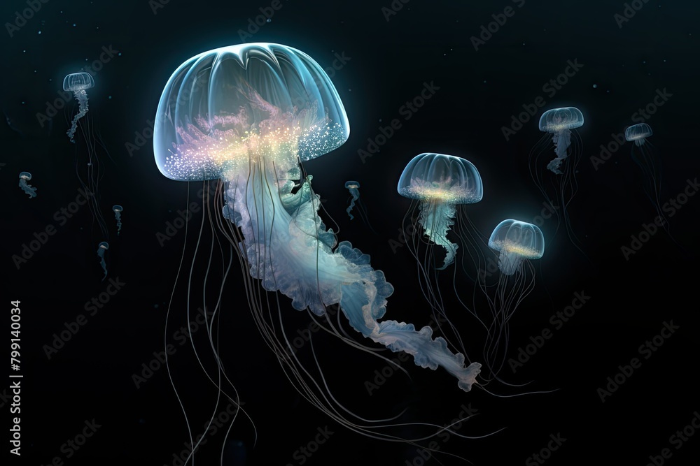 Bioluminescent jellyfish floating in deep sea Bioluminescent jellyfish floating in deep sea