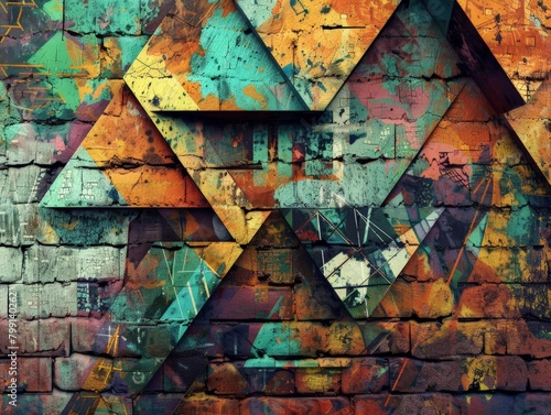 A vibrant, graffiti inspired background with geometric shapes like tags and symbols spray painted onto a brick wall, with a worn and weathered grunge effect 