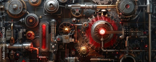 A vintage scientific illustration of a crimson geometric machine, with gears, levers, and tubes 