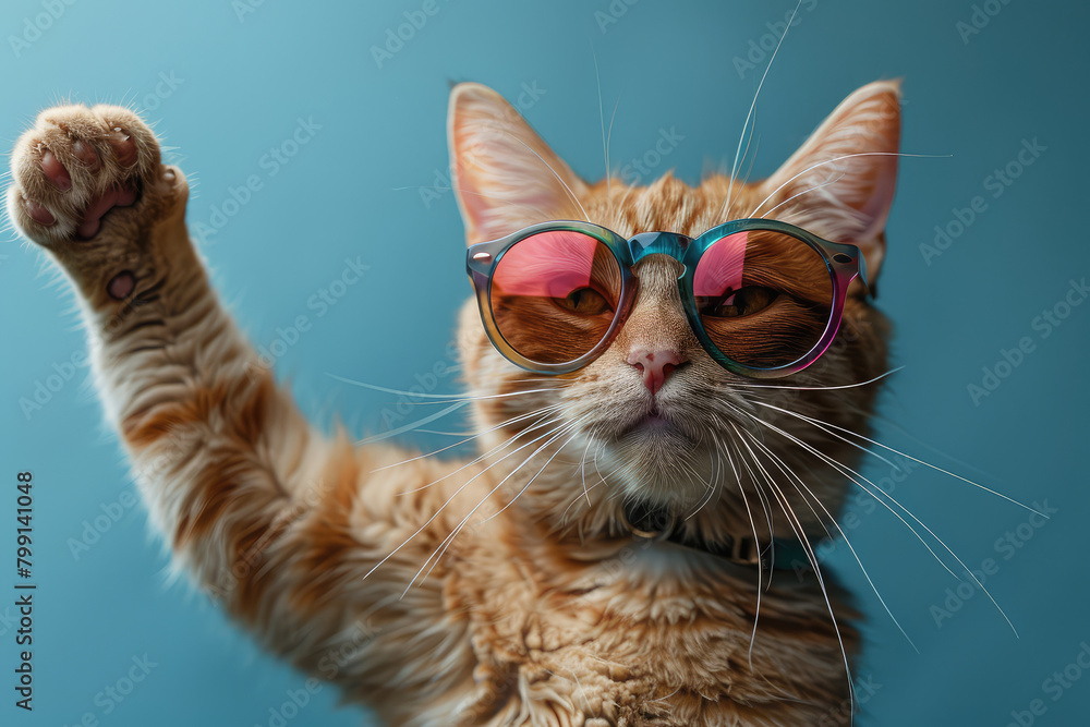Portrait photo of an orange cat, wearing sunglasses. Created with Ai