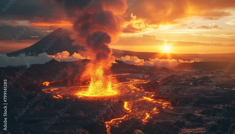 A volcanic landscape at sunrise, with smoke and ash billowing from a crater, casting an orange glow on the surrounding black lava fields 