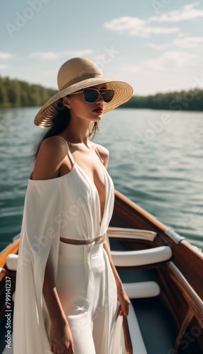 Young lady in boat with sunglasses on a lake © dfriend150
