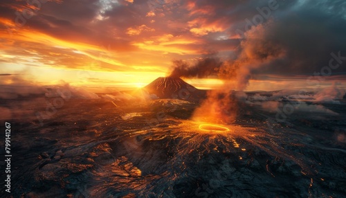 A volcanic landscape at sunrise, with smoke and ash billowing from a crater, casting an orange glow on the surrounding black lava fields 