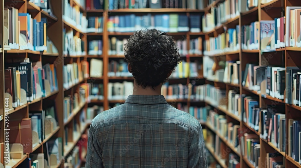 Trainee in the book trade stands in the bookstore. Find book. Library banner Trainee in the book trade stands in the bookstore. Find book. Library banner
