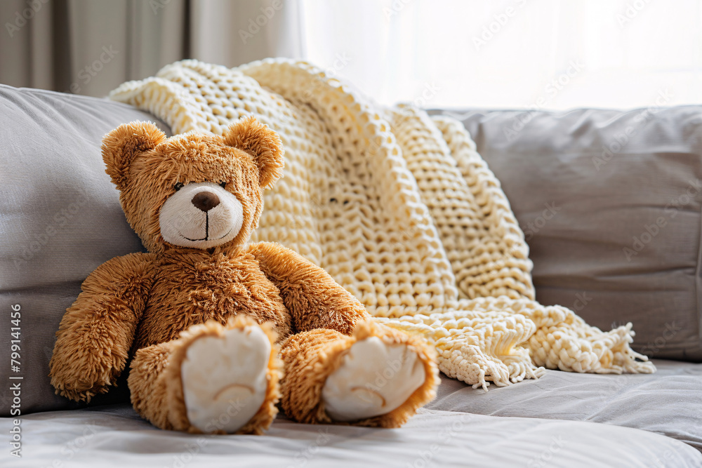 Teddy Bear on a sofa in the living room with copy space Teddy Bear on a sofa in the living room with copy space